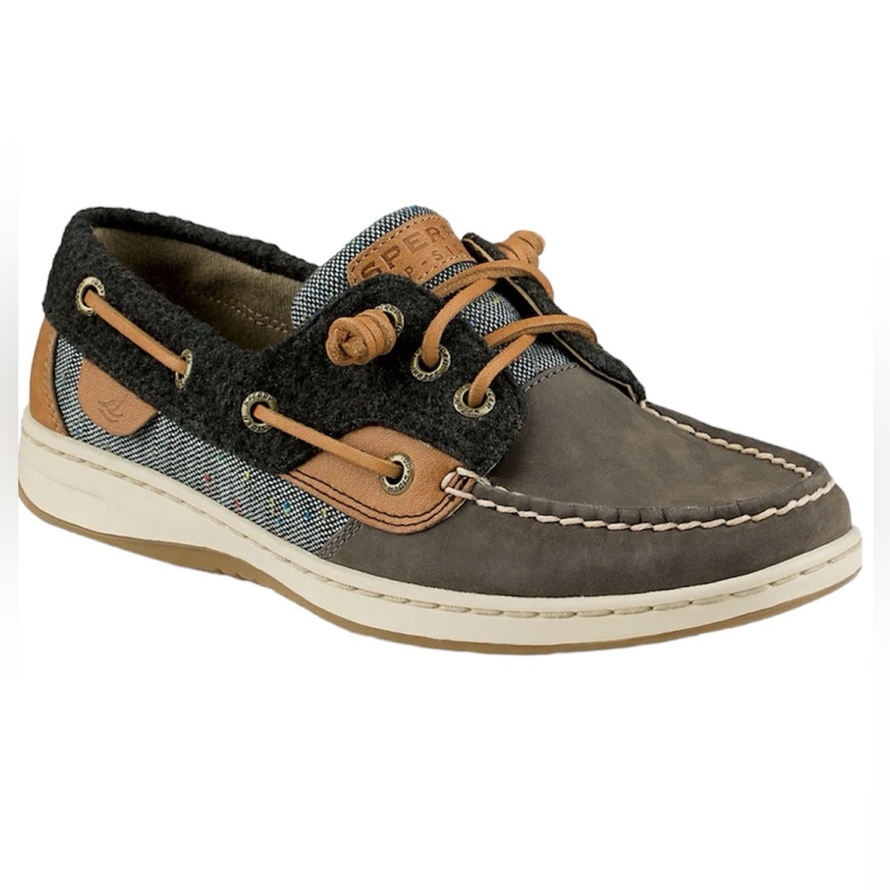 Sperry | Tan Leather Denim Fabric & Gray Suede Boat Shoe